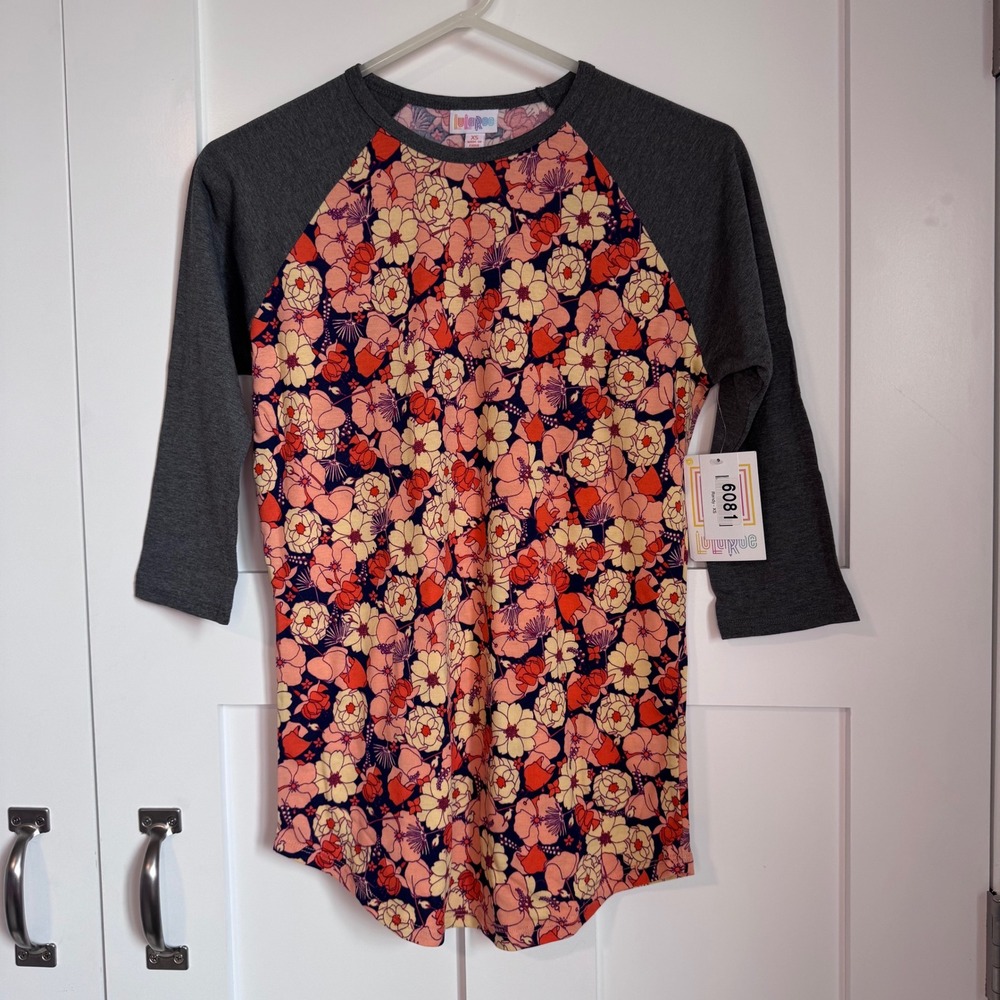 NWT LuLaRoe Randy Women's Size XS Navy Background Pink Floral Print Raglan New